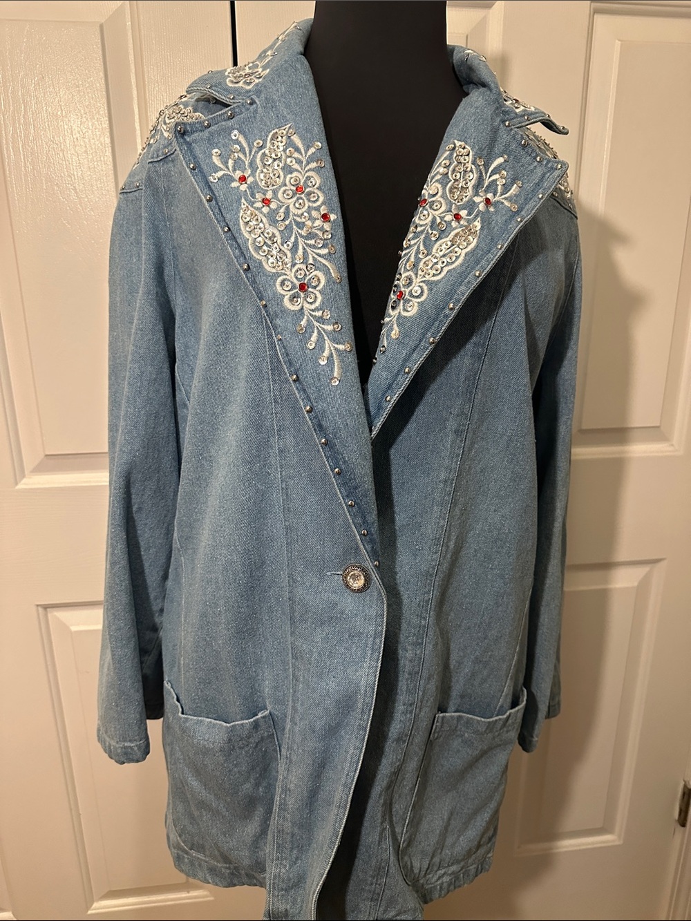 Vintage Embellished Light Blue Denim Jacket Coat
